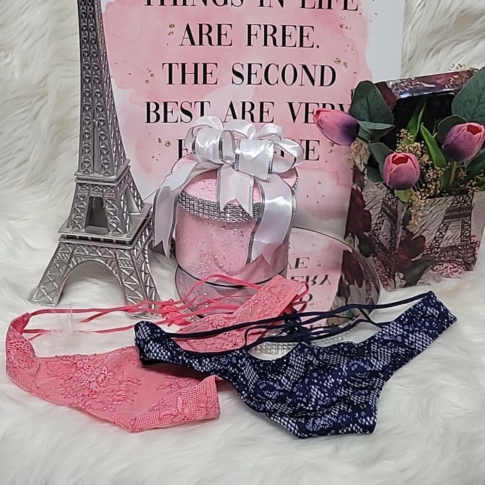 1544 VICTORIA'S SECRET Blue-Pink Strappy with bows String Thongs 2 pc NWT